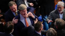 Rep. Richard Hudson, R-N.C., left, pulls Rep. Mike Rogers, R-Ala., back as they talk with Rep. Matt Gaetz, R-Fla., and other during the 14th round of voting for speaker as the House meets for the fourth day to try and elect a speaker and convene the 118th Congress in Washington, Friday, Jan. 6, 2023. At right is Rep. Patrick McHenry, R-N.C. (AP Photo/Andrew Harnik)