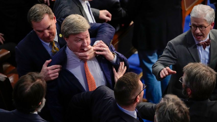 Rep. Richard Hudson, R-N.C., left, pulls Rep. Mike Rogers, R-Ala., back as they talk with Rep. Matt Gaetz, R-Fla., and other during the 14th round of voting for speaker as the House meets for the fourth day to try and elect a speaker and convene the 118th Congress in Washington, Friday, Jan. 6, 2023. At right is Rep. Patrick McHenry, R-N.C. (AP Photo/Andrew Harnik)