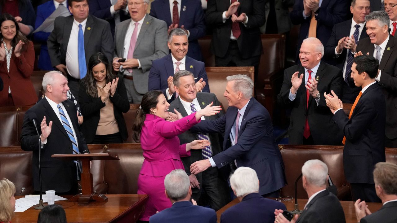 Rep. Kevin McCarthy, R-Calif., is congratulated after winning the 15th vote in the House chamber as the House enters the fifth day trying to elect a speaker and convene the 118th Congress in Washington, early Saturday, Jan. 7, 2023. (AP Photo/Alex Brandon)