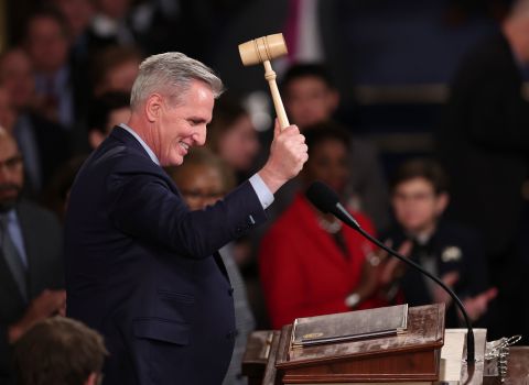 Kevin McCarthy celebrates with the gavel after being elected speaker of the House of Representatives on Saturday, January 7.
