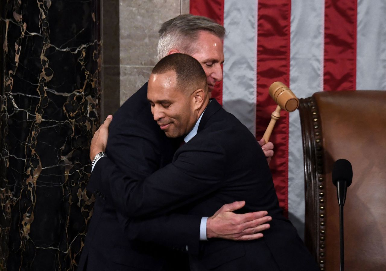 McCarthy hugs House Minority Leader Hakeem Jeffries, the first Black lawmaker to lead a party in Congress.