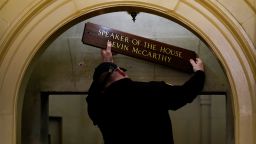 The sign at the office of House Speaker Kevin McCarthy of Calif., is installed on Capitol Hill in Washington, early Saturday, Jan. 7, 2023. (AP Photo/ Matt Rourke)