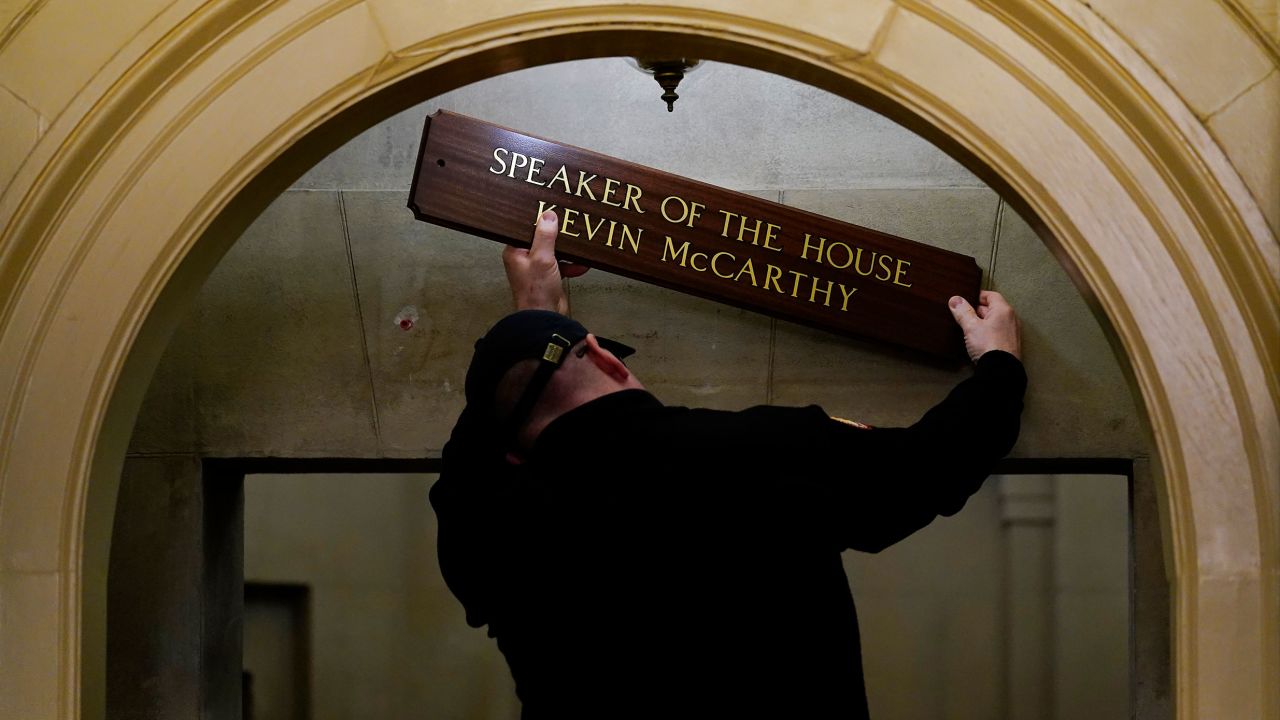 The sign at McCarthy's office is installed on Capitol Hill in Washington, early Saturday on January 7, 2023.