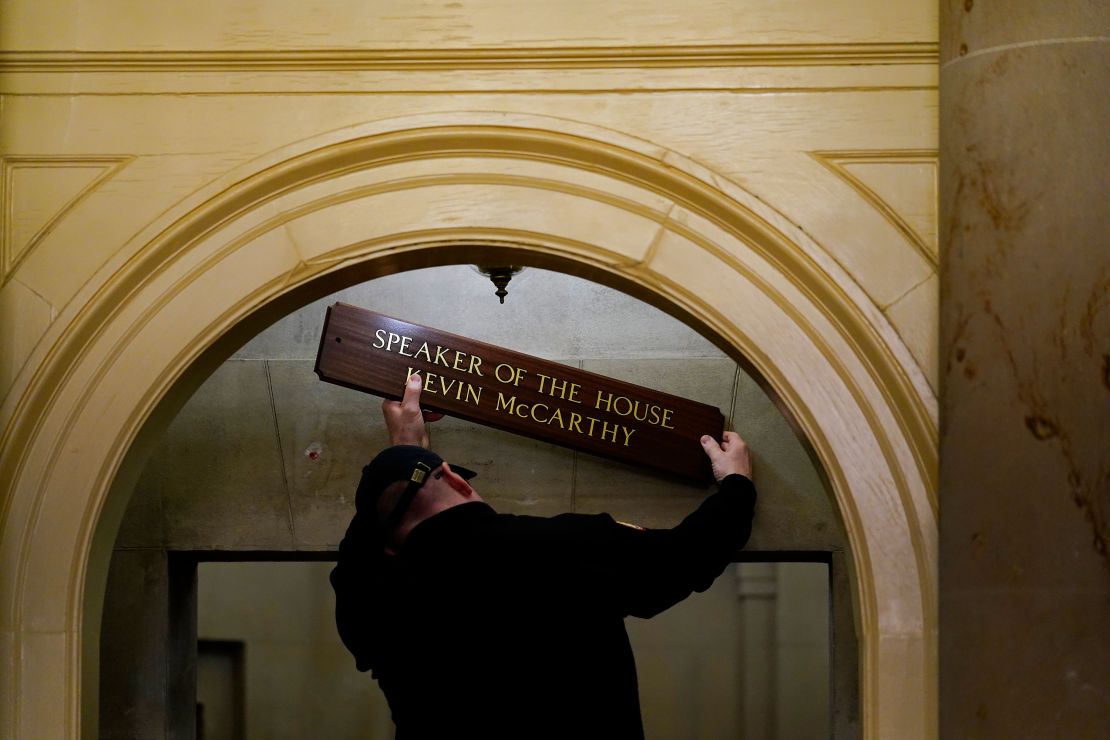 The sign at McCarthy's office is installed on Capitol Hill in Washington, early Saturday on January 7, 2023.