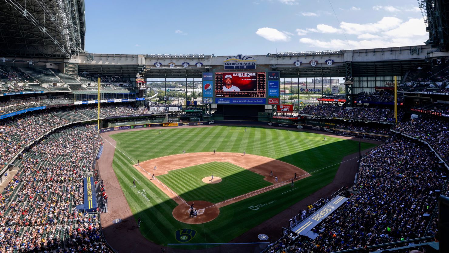 A view of a Major League Baseball game at American Family Field in Milwaukee between the Milwaukee Brewers and Washington Nationals on August 22, 2021.