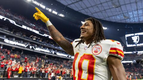 Kansas City Chiefs running back Isiah Pacheco celebrates the win.