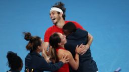 Tennis - United Cup - Ken Rosewall Arena, Sydney, Australia - January 8, 2023Taylor Fritz of the U.S. celebrates with teammates after winning his match in the final against Italy's Matteo Berrettini REUTERS/Asanka Brendon Ratnayake