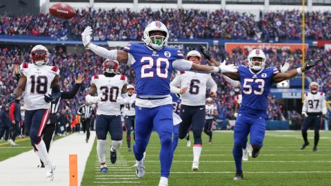 Buffalo Bills running back Nyheim Hines scores a touchdown against the New England Patriots on January 8, 2023.