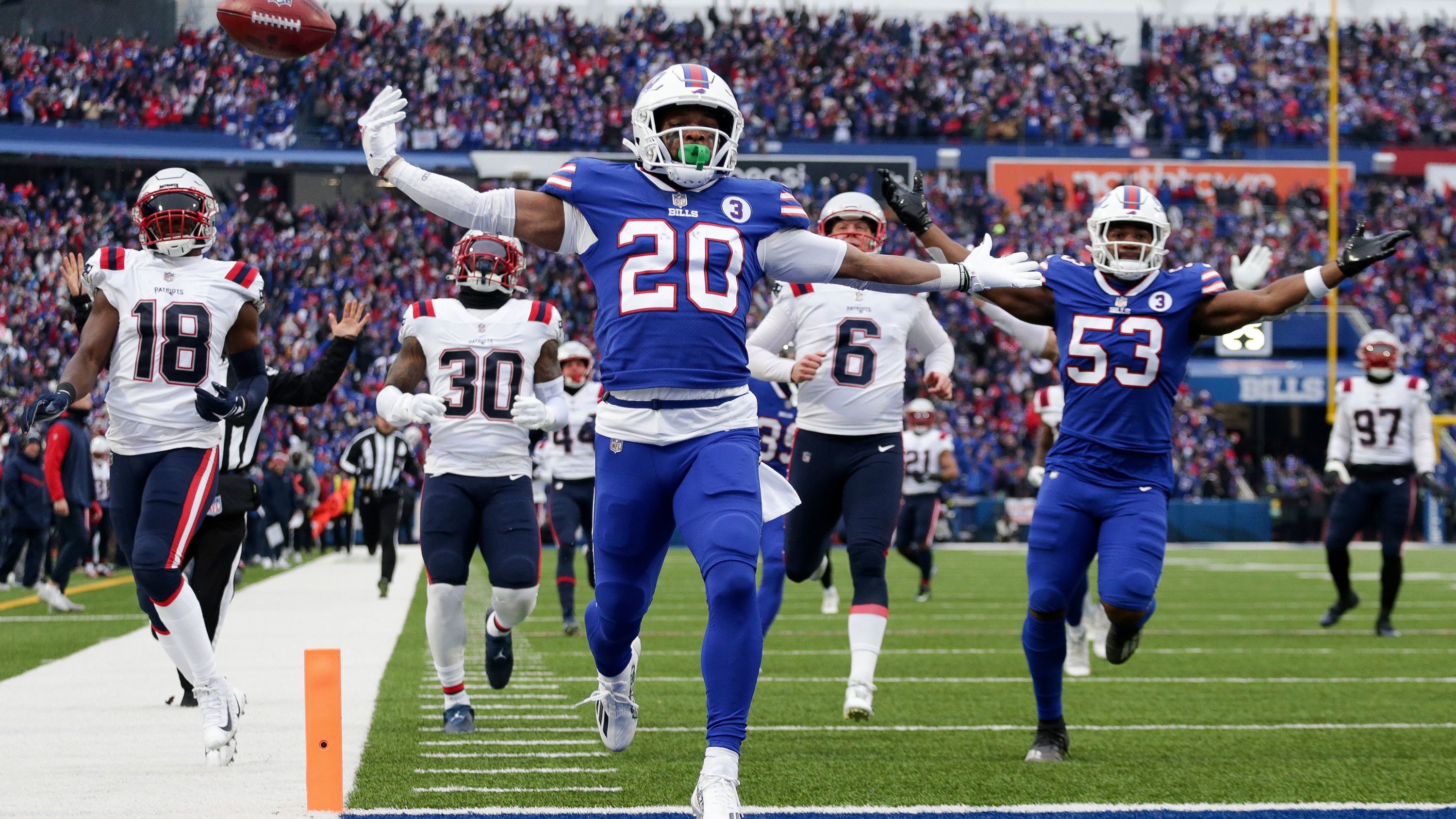 Buffalo Bills running back Nyheim Hines scores a touchdown on a kickoff return during the first half against the New England Patriots. <a href="index.php?page=&url=https%3A%2F%2Fedition.cnn.com%2F2023%2F01%2F09%2Fsport%2Fbuffalo-bills-nyheim-hines-touchdown-damar-hamlin-spt-intl%2Findex.html" target="_blank">Hines' touchdown</a> -- his first of two against New England -- came in the Bills' first play since Damar Hamlin collapsed and suffered a cardiac arrest. 