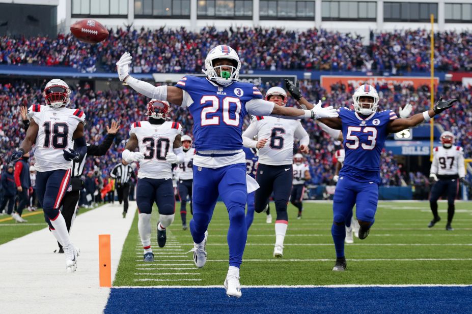 Buffalo Bills running back Nyheim Hines scores a touchdown on a kickoff return during the first half against the New England Patriots. <a href="https://edition.cnn.com/2023/01/09/sport/buffalo-bills-nyheim-hines-touchdown-damar-hamlin-spt-intl/index.html" target="_blank">Hines' touchdown</a> -- his first of two against New England -- came in the Bills' first play since Damar Hamlin collapsed and suffered a cardiac arrest. 