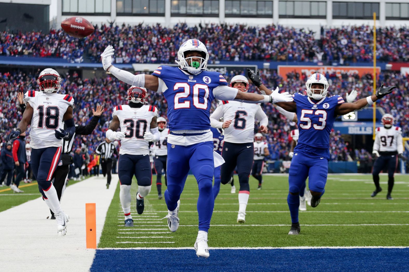 Buffalo Bills running back Nyheim Hines scores a touchdown on a kickoff return during the first half against the New England Patriots. <a href="index.php?page=&url=https%3A%2F%2Fedition.cnn.com%2F2023%2F01%2F09%2Fsport%2Fbuffalo-bills-nyheim-hines-touchdown-damar-hamlin-spt-intl%2Findex.html" target="_blank">Hines' touchdown</a> -- his first of two against New England -- came in the Bills' first play since Damar Hamlin collapsed and suffered a cardiac arrest. 