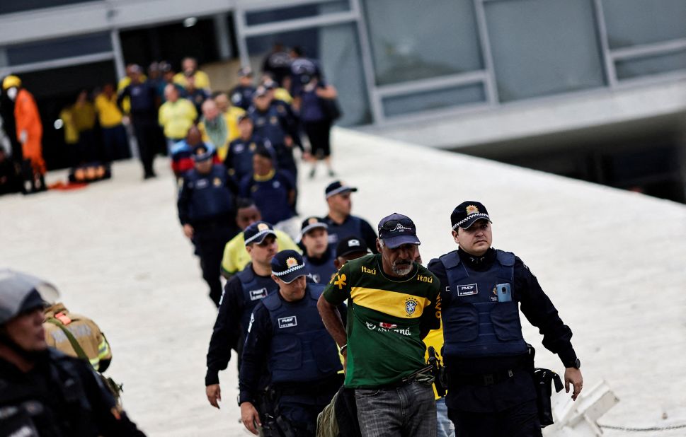 Supporters of former President Jair Bolsonaro are detained during a demonstration at Planalto Palace.