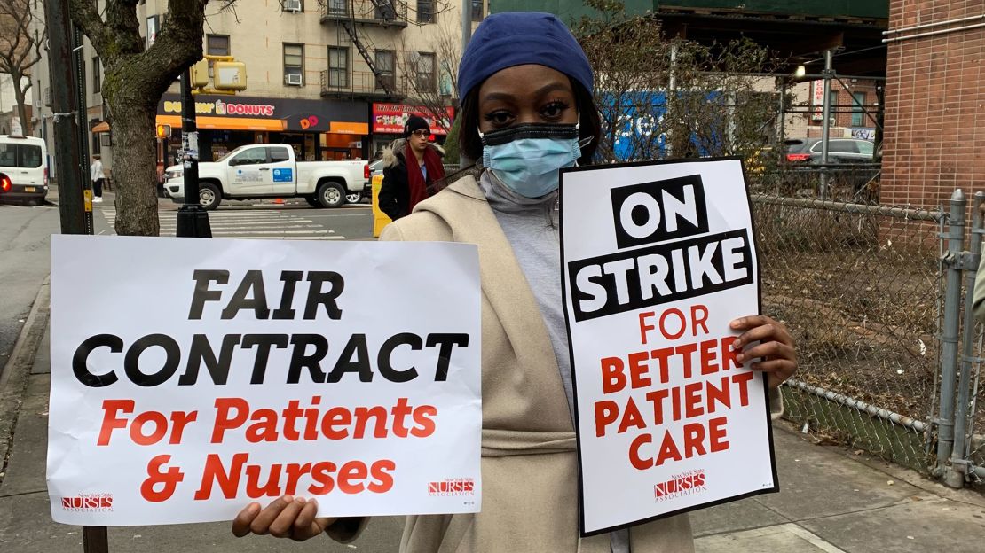 Naniaka Camara, who has been a nurse for 3 years, on the picket line outside Montefiore, her neighborhood hospital where she works.