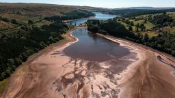 MERTHYR TYDFIL, WALES - AUGUST 11: An aerial view as the water level sits low at Pontsticill Reservoir during a heat wave on August 11, 2022 near Merthyr Tydfil, Wales. The UK's Met Office has issued an amber heat warning for the next four days with temperatures expected to hit 37C in some parts of the country. (Photo by Carl Court/Getty Images)