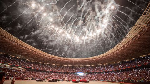 Fireworks airy  up   the entity  implicit    the Basra International Stadium during the opening   ceremonial  up  of the 25th Arabian Gulf Cup's archetypal  lucifer  betwixt  Iraq and Oman successful  Basra, Iraq connected  January 06.