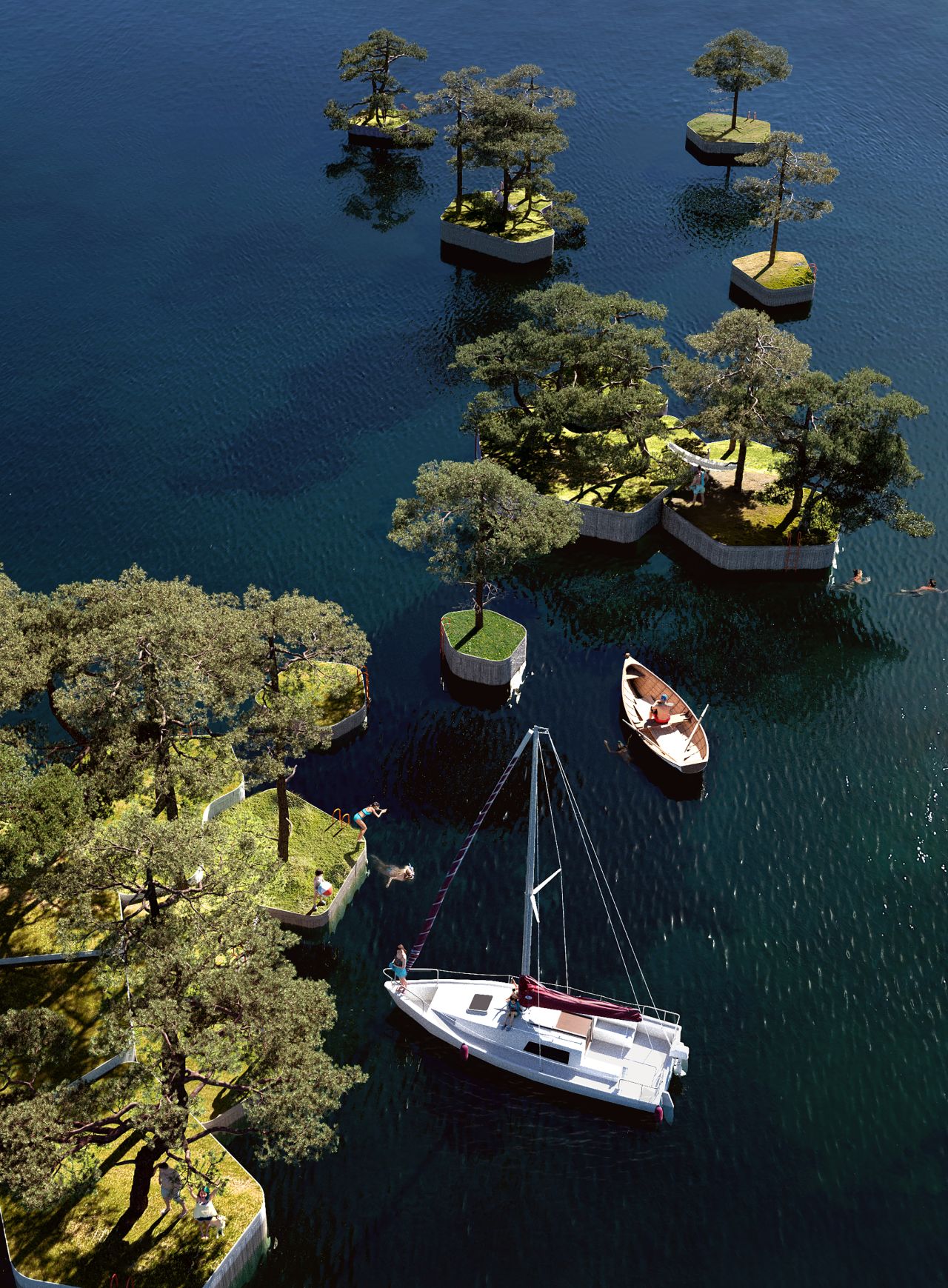 A visualization of MAST's upcoming "parkipelago" of floating islands in Copenhagen.