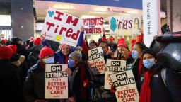 Nurses on strike at Mount Sinai hospital in New York City early Monday.