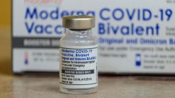 This photo shows a vial of the Moderna Covid-19 vaccine, Bivalent, at AltaMed Medical clinic in Los Angeles, California, on October 6, 2022. (Photo by RINGO CHIU / AFP) (Photo by RINGO CHIU/AFP via Getty Images)