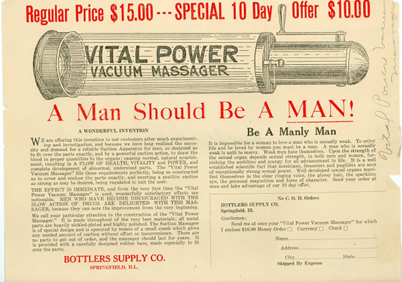 A 1920s flier from an exhibition exploring the "design, marketing, and distribution" of sexual health products.