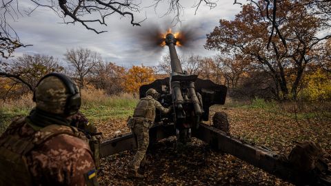Ukrainian artillerymen fire a 152 mm towed gun-howitzer at a position on the front line near the town of Bakhmut, in eastern Ukraine's Donetsk region, on October 31, 2022.