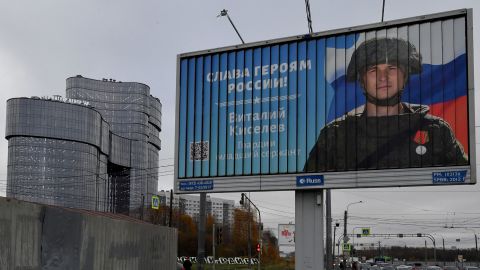 A poster displaying a Russian soldier with a slogan reading 'Glory to the Heroes of Russia' is seen near an office block associated with Yevgeny Prigozhin in St. Petersburg on November 4, 2022.  Yevgeny Prigozhin serves up his Wagner shock troops to rescue Russia&#8217;s Ukraine campaign 230109145242 03 prigozhin wagner ukraine