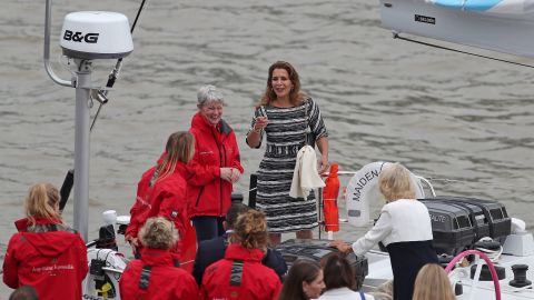 Jordan's Princess Haya bint al-Hussein (center) meets Edwards (center left) on the newly-refurbished Maiden in London on September 5, 2018.