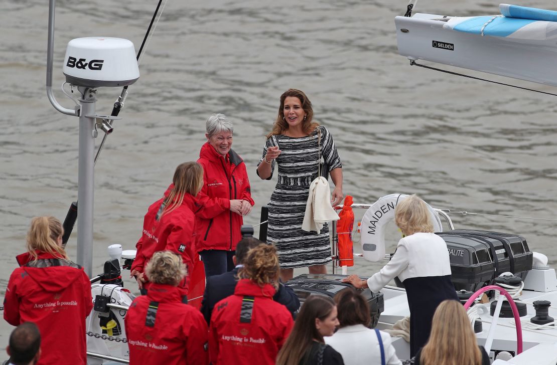 Jordan's Princess Haya bint al-Hussein (center) meets Edwards (center left) on the newly-refurbished Maiden in London on September 5, 2018.