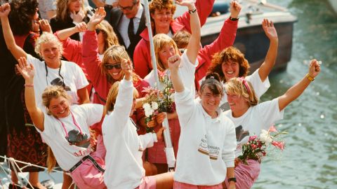 SOUTHAMPTON, ENGLAND - MAY 20: Tracy Edwards (Front) pictured celebrating with the all-women crew onboard the yacht 'Maiden' , In 1989-1990 Edwards skippered the first all-female crew in the Whitbread Round the World Yacht Race to two leg victories in their class.  (Photo by Dan Smith/Allsport/Getty Images/Hulton Archive)