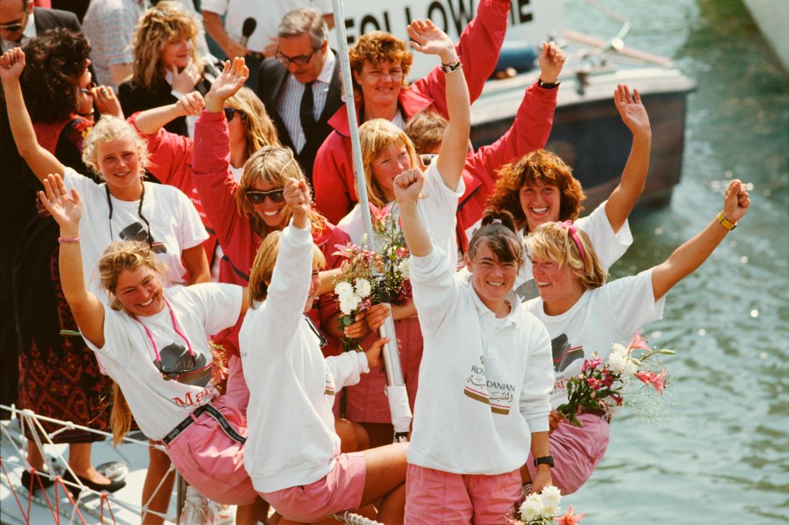 Edwards (front and center) celebrates onboard Maiden during the 1989-1990 Whitbread Round the World Race.
