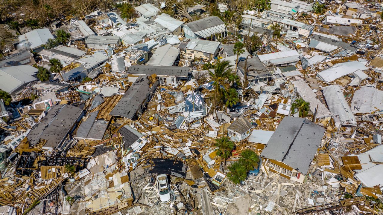 Destruction from Hurricane Ian in Fort Myers Beach, Florida, on October 1. NOAA reports the hurricane cost the US nearly $113 billion and was the costliest extreme weather disaster of 2022.