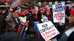 Union nurses from the New York State Nurses Association (NYSNA) chant slogans on the picket line outside Montefiore Hospital in the Bronx borough of New York City, New York, U.S., January 9, 2023. 