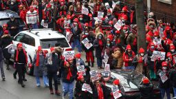 Striking union nurses from the New York State Nurses Association (NYSNA) walk the picket line outside Montefiore Hospital in the Bronx borough of New York City, New York, U.S., January 9, 2023. 