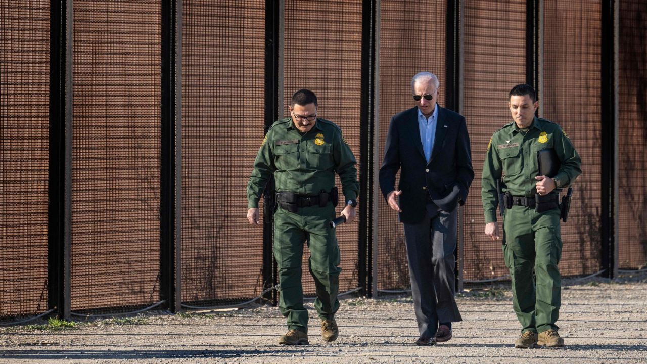 President Joe Biden speaks with US Customs and Border Protection officers as he visited the US-Mexico border in El Paso, Texas, on January 8.