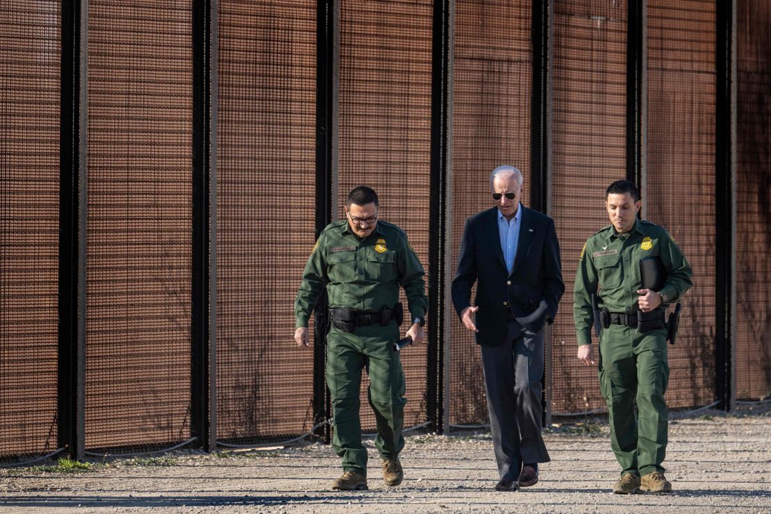 In this January 2023 photo, President Joe Biden speaks with US Customs and Border Protection officers as he visits the US-Mexico border in El Paso, Texas.