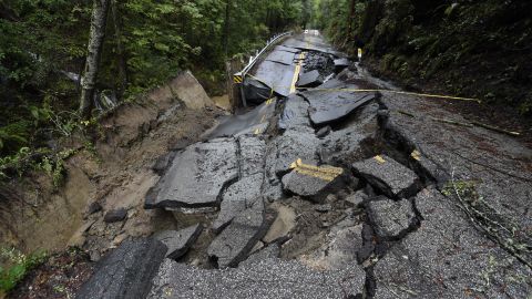 A view of damage on the road after heavy rain in the Santa Cruz Mountains above Silicon Valley in California Monday.