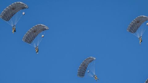 Paratroopers take part in a joint military drill among Japan, the US, Britain and Australia at Narashino exercise field in Chiba prefecture on January 8, 2023.