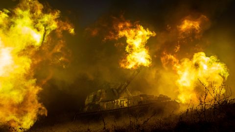 A Ukrainian self-propelled artillery shoots towards Russian forces at a frontline in Kharkiv region, Ukraine, Saturday, December 24, 2022. 