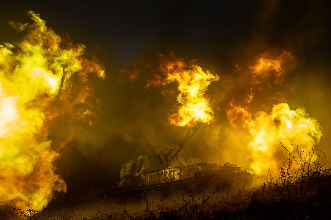 A Ukrainian self-propelled artillery shoots towards Russian forces at a frontline in Kharkiv region, Ukraine, Saturday, December 24, 2022. 