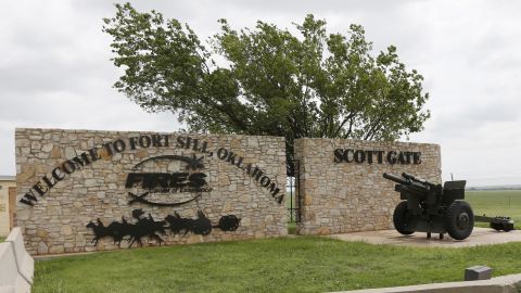 A sign is pictured at Scott Gate, one of the entrances to Oklahoma's Fort Sill, in this 2014 photo. 