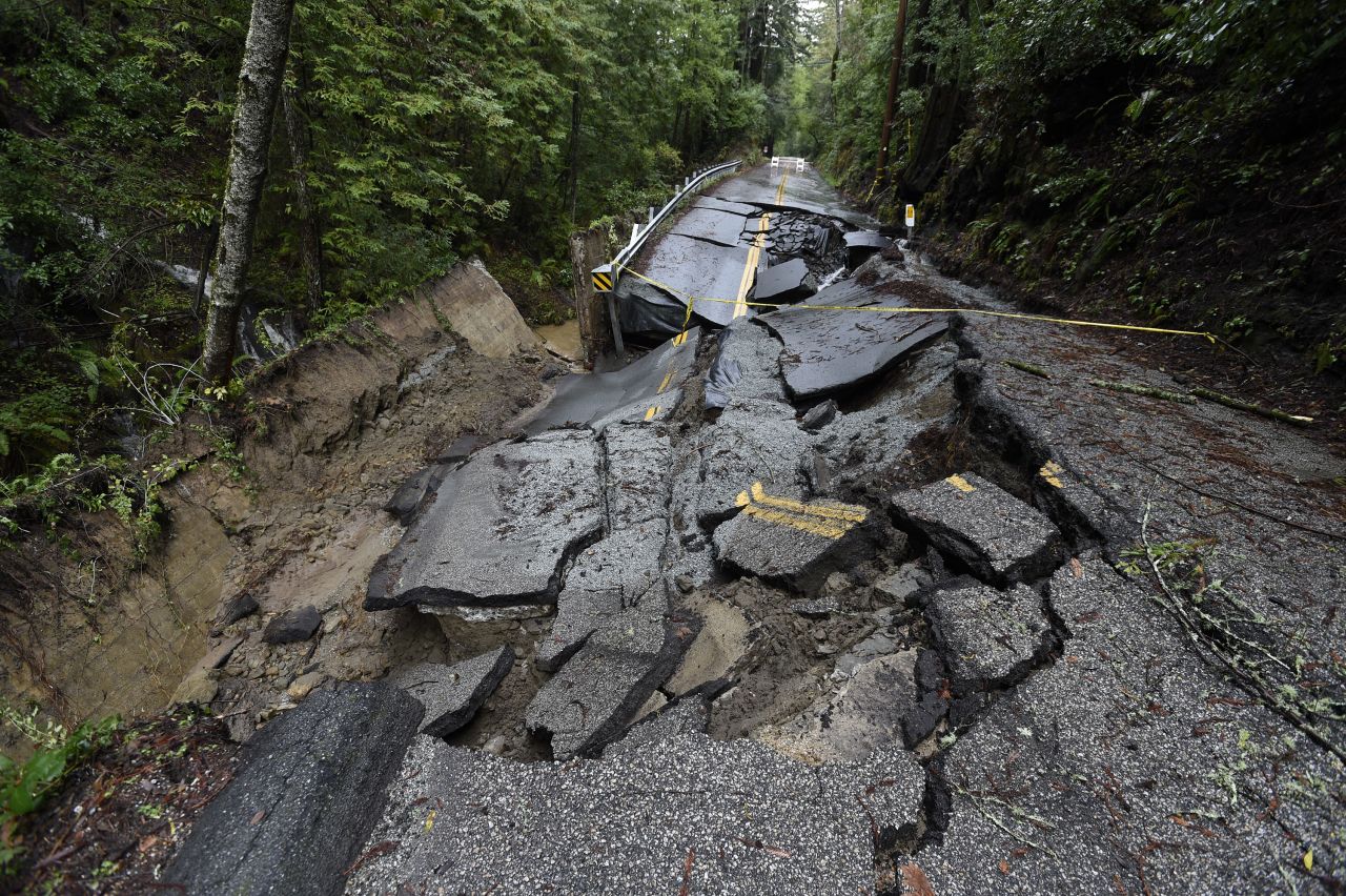 A road is damaged in Scotts Valley on January 9.