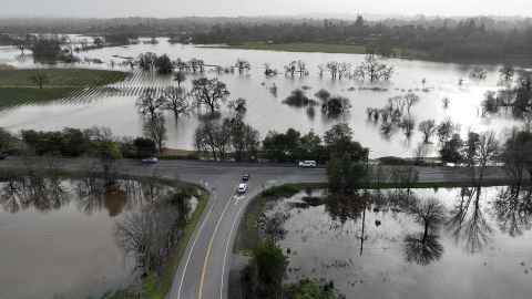 In an aerial view, floodwaters fill fields Monday in Santa Rosa, California.