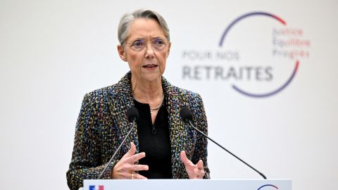 French Prime Minister Élisabeth Borne at a press conference in Paris to unveil the government's pension reform plan on January 10, 2023.