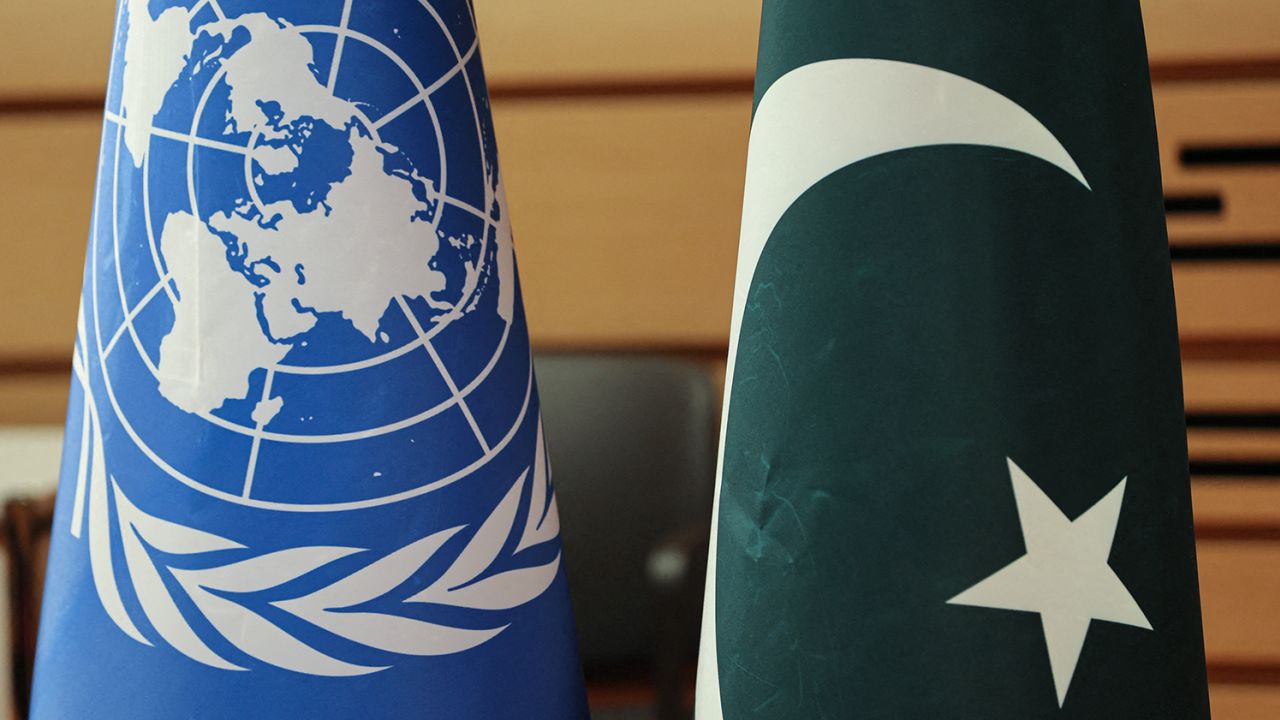 Flags of United Nations and Pakistan are seen on the day of a summit at the United Nations, in Geneva, Switzerland to address climate resilience in Pakistan, months after deadly floods in the country.