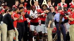 Head coach Kirby Smart of the Georgia Bulldogs celebrates the Bulldogs victory over the TCU Horned Frogs during the College Football Playoff National Championship held at SoFi Stadium on January 9, 2023 in Inglewood, California. 