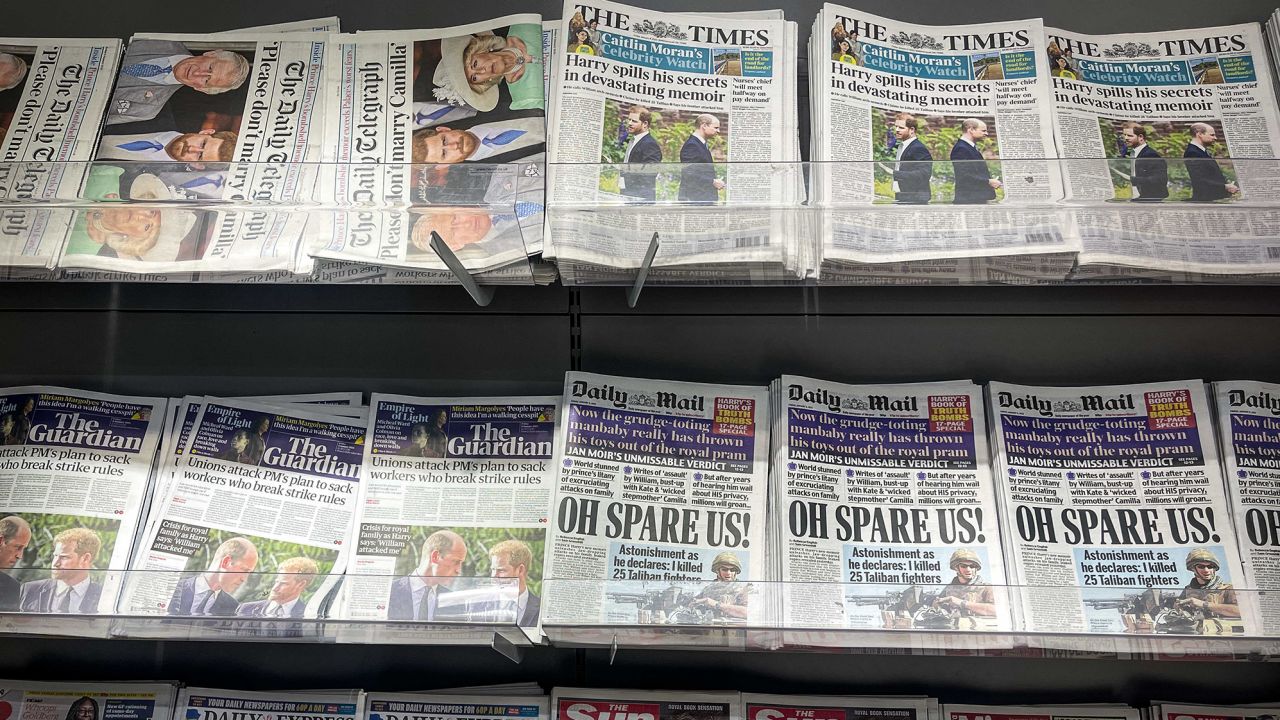 The front pages of various UK daily newspapers cover early snippets from Prince Harry's memoir, "Spare," on January 6. 