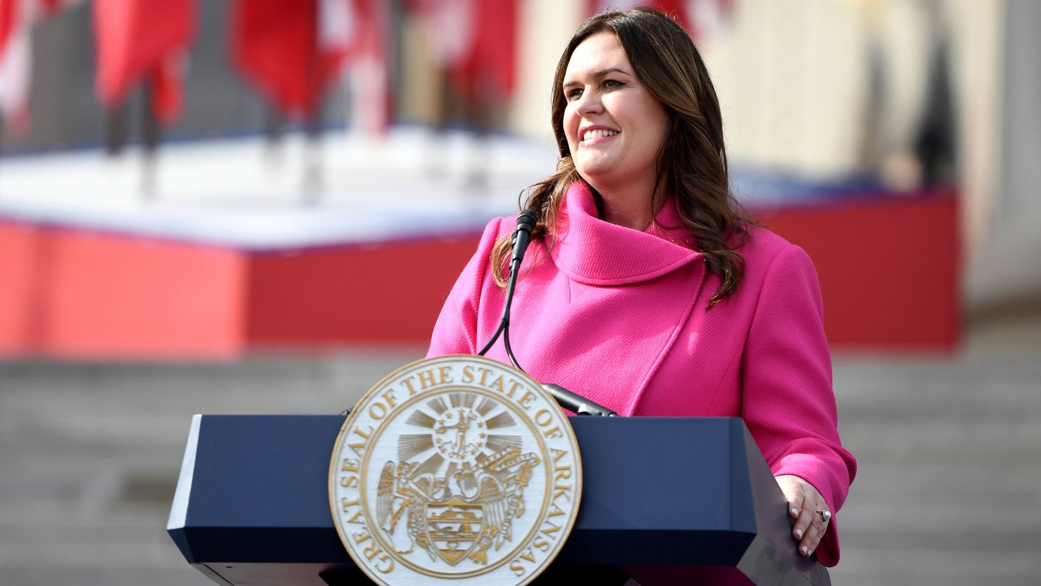 Arkansas Gov. Sarah Huckabee Sanders speaks after taking the oath of office on the steps of the Arkansas Capitol on January 10. 