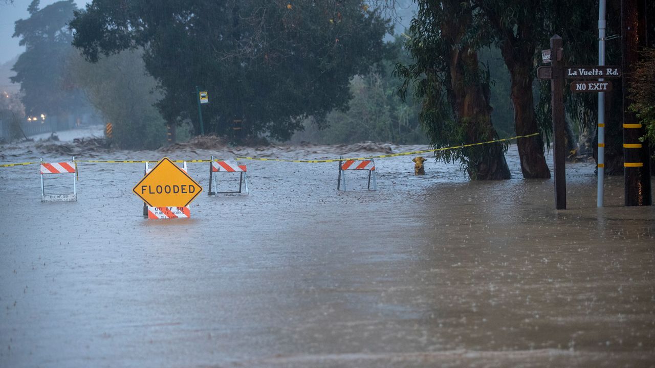 Jameson Lane in Montecito is seen flooded as a storm battered the region.