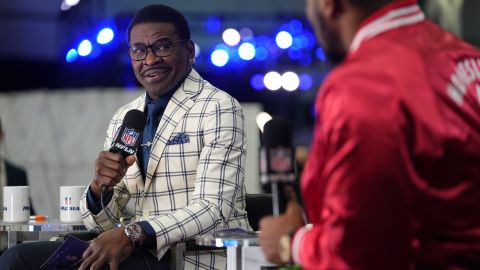 Irvin speaks at media row prior to Super Bowl LVI on February 10, 2022 in Los Angeles.