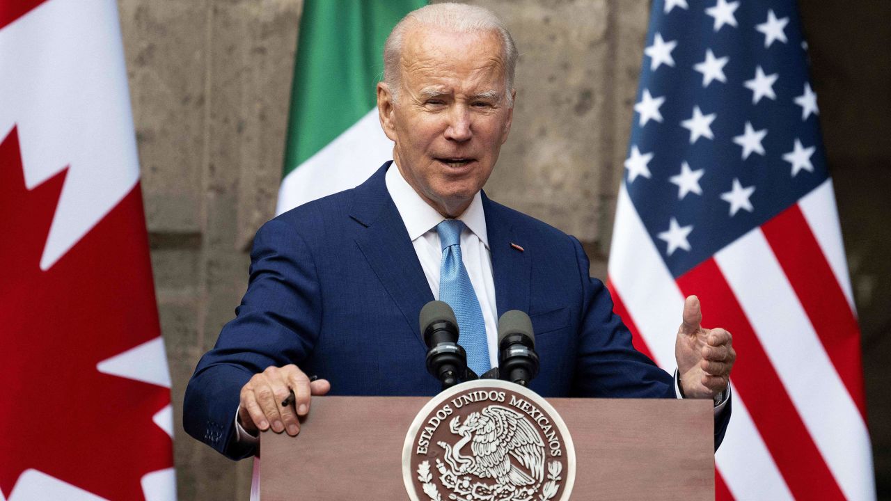 US President Joe Biden speaks to the press following the 10th North American Leaders Summit, at The National Palace in Mexico City, on January 10, 2023. 