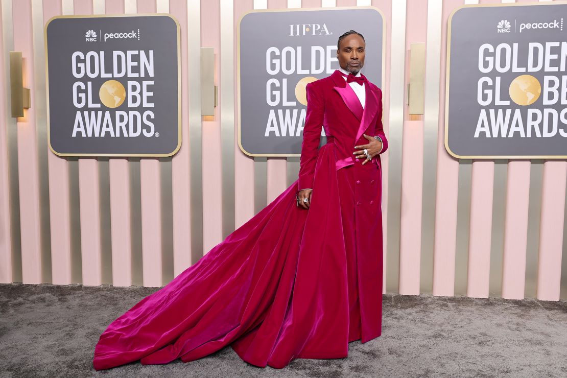 In an apparent nod to his famous 2019 Oscars outfit, Billy Porter again wore a Christian Siriano tuxedo gown — this time in magenta.